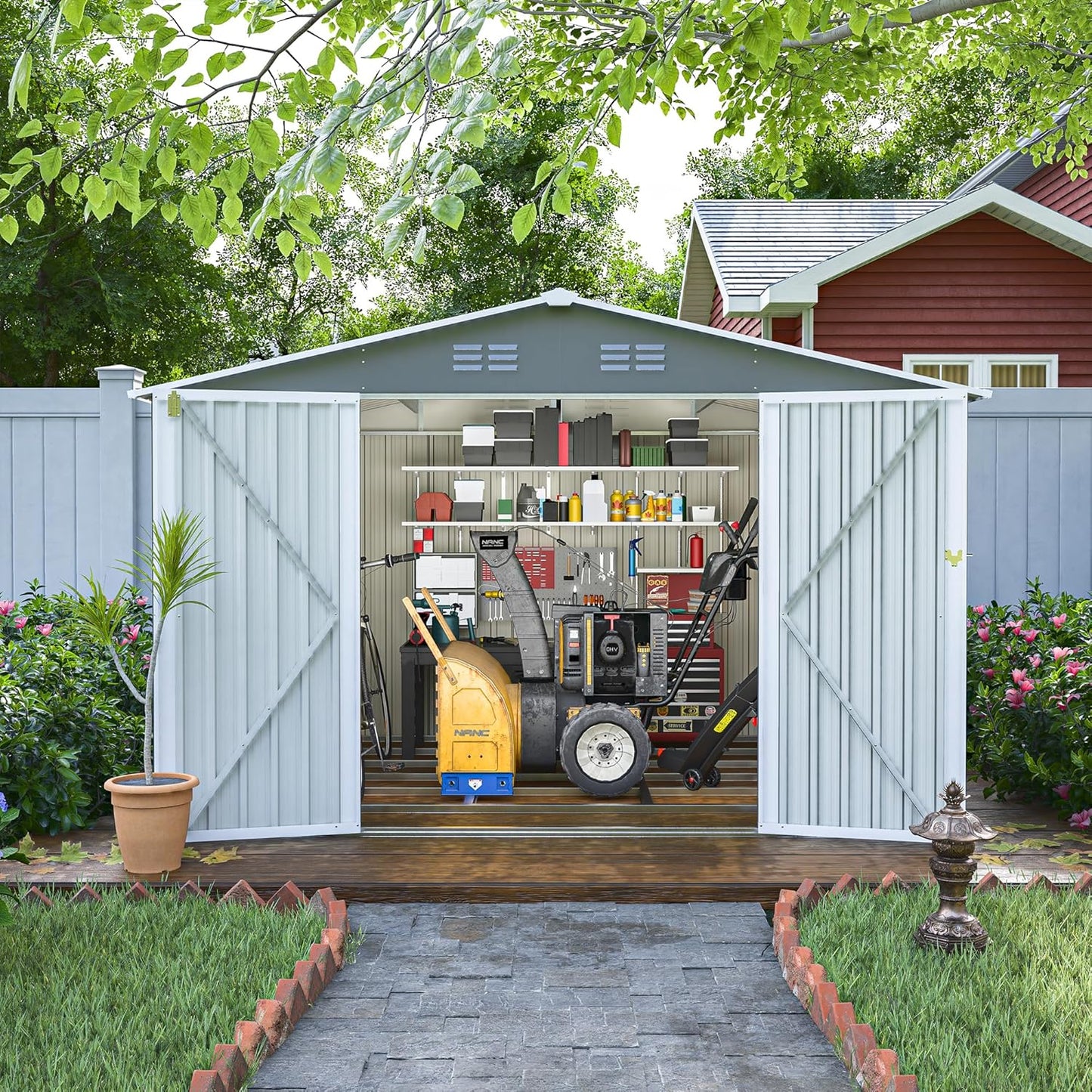 Metal Outdoor Storage Sheds 8 x 6 FT Lockable Metal Garden Shed Steel Anti-Corrosion Storage House with Double Lockable Door for Backyard Outdoor Patio