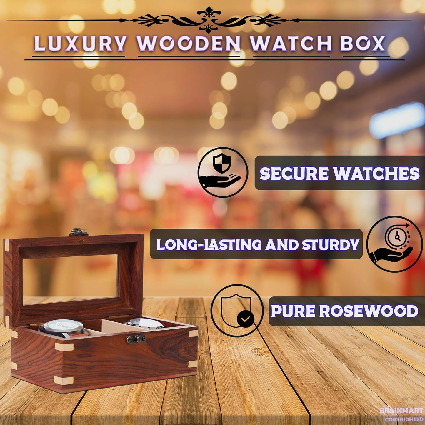 Wooden Watch Box for Men & Women, Watch Organizer & Display Case, Premium Long-Lasting Watch Holder for Storage, Elegant Gift for Watch Collectors (Glass Top, 3 Slots)