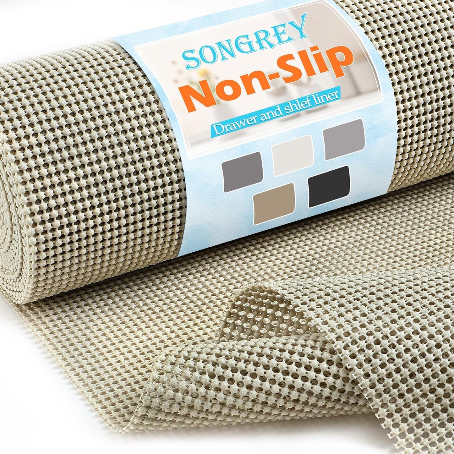 Songrey Non-Adhesive Drawer and Shelf Liner, Non Slip Cabinet Liners, Protect Kitchen Cupboard, Bathroom Drawers, Breathable, Thick Strong Grip mat (20IN x 10FT, Beige)