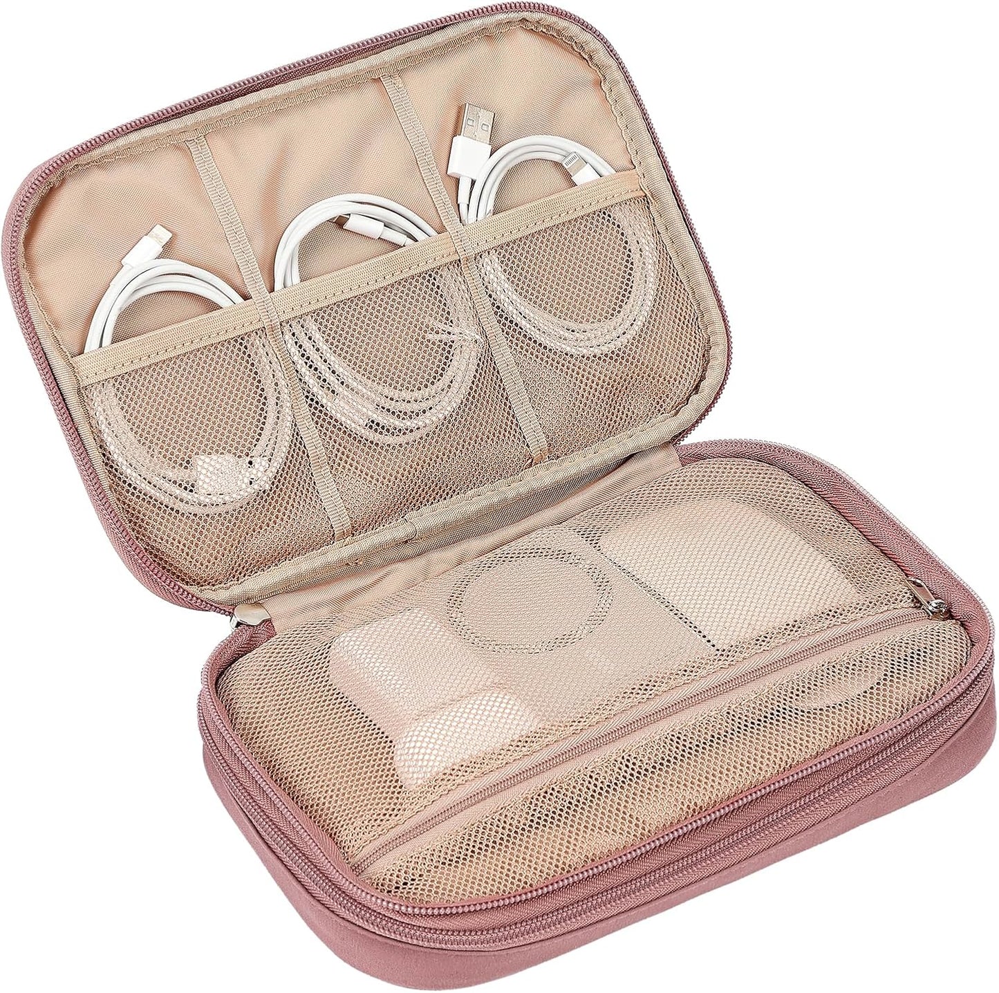 NISHEL Travel Cord Organizer Case, Double Layers Tech Electronic Bag, Essentials for Charger, Cable, Phone, Flash drive, Large, Rose-wood Pink