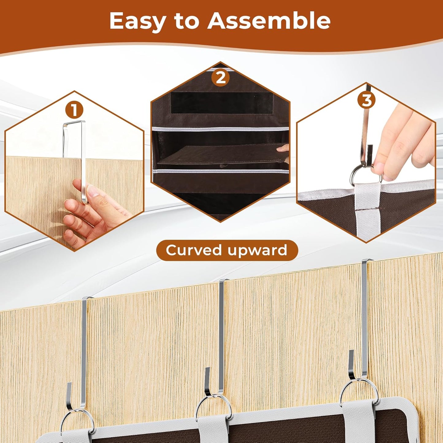 2 Packs 5-Tier Over the Door Storage Organizer with 10 Side Mesh Pockets, 48 lbs Load Capacity, 3 Hooks Design, Hanging Organizer with Clear Windows for Bathroom, Bedroom, Nursery, Kitchen-Brown