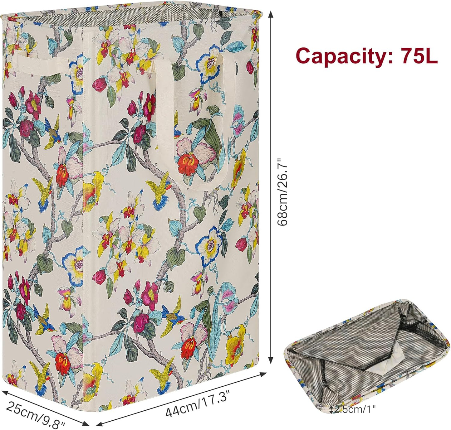 efluky Slim Laundry Basket, Narrow Laundry Hamper with Handles, Collapsible Dirty Clothes Hamper, Tall Laundry Bin for Laundry Room, Dorm and Bedroom, 19.8 Gallon (75L) Floral