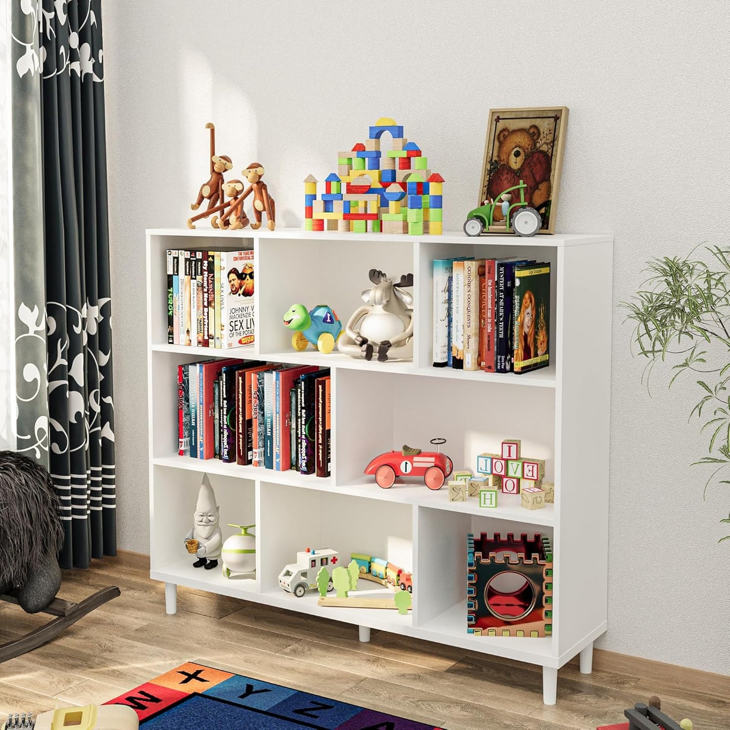 Wood Cube Storage Organizer White Bookshelf - 3-Tier Freestanding Storage Cabinet with Legs for Home Office, 8-Cubes Open Shelf