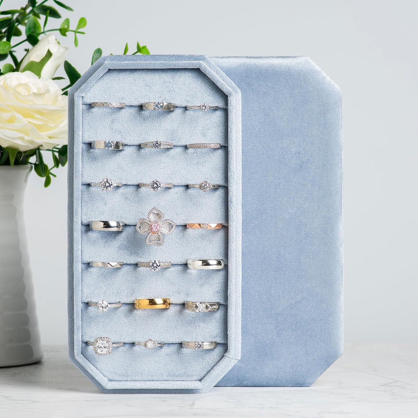 Velvet Ring Organizer Display Tray Jewelry Box Earring Holder Case for Wedding Birthday Christmas Day (Light Ocean Blue)