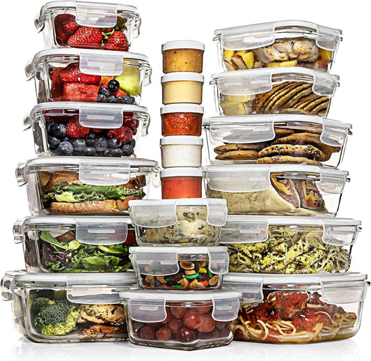 Razab 35 Pc Set Glass Food Storage Containers with Lids - Meal Prep Airtight Bento Boxes BPA-Free 100% Leak Proof (15 lids,15 glass & 5 Plastic Sauce/Dip Containers)