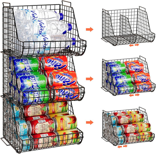 Stacking Can Dispensers 3 Tier with 3 Divider, Large Pantry Can Organizer, Beverage Drink Pop Soda Can Storage Basket, Can Holders for Pantry, Canned Food Rack Wire Bins for Kitchen Cabinet (3-Pack)