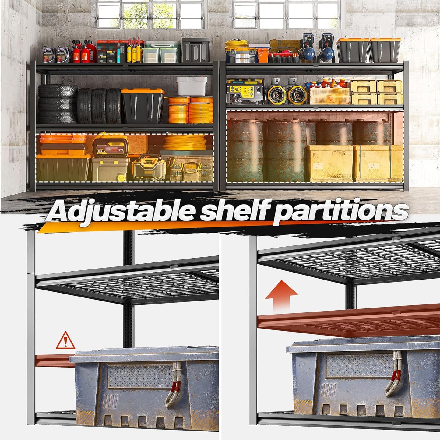 REIBII Garage Shelving 3500LBS, 6 Tier Storage Shelves, Adjustable Heavy Duty Shelving Unit, Metal Shelf for Warehouse, Basement, Pantry, Factory, 55" W x 26" D x 84" H, Black