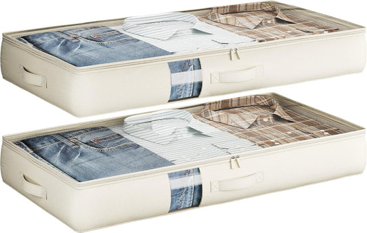 Under Bed Storage Containers with Window, Closet Organizers and Storage Bags, Foldable Underbed Storage Bags for Blankets, Clothing, Comforter, Linen Sheets, Wrapping Paper, 2 Pack, White Ivory