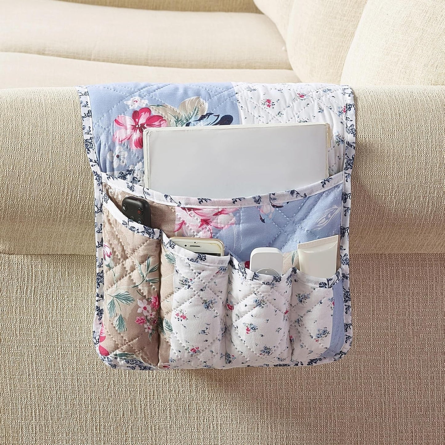 Brilliant Sunshine Pink and Blue Roses Toile Couch Armrest 5 Pockets Organizer, Slip Resistant Armchair Caddy, Washable Remote Controls Holder, Storage for Magazine, Phone, iPad, 35×13", Blue Natural