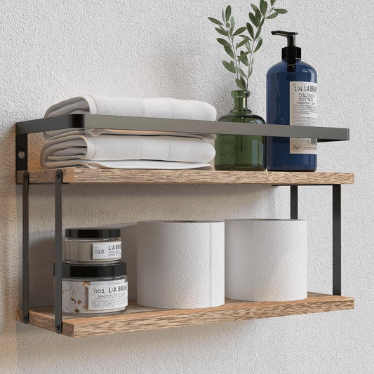 RICHER HOUSE Dual-Level Guardrail Floating Shelves, Rustic Wood Shelf Wall Mounted, Over Toilet Paper Storage Shelf for Bathroom Wall Decor, Bathroom Organizers and Kitchen Storage - Rustic Wood