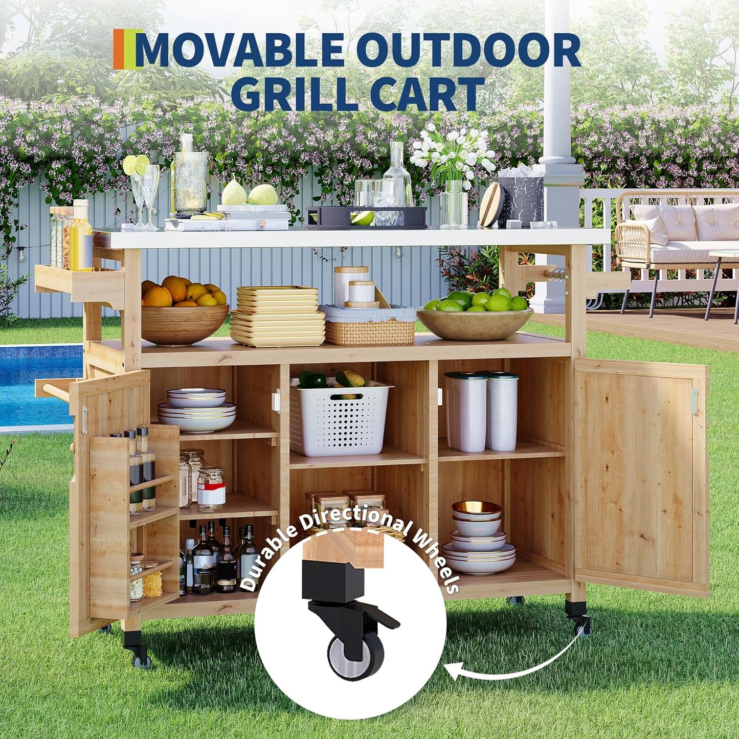 Outdoor Grill Cart with Storage Cabinet, Wood Outdoor Kitchen Island on Wheels, Grill Cart Table with Stainless Steel Table Top, Spice Rack, Towel Rack & Lockable Wheels for Kitchen,BBQ, Natural