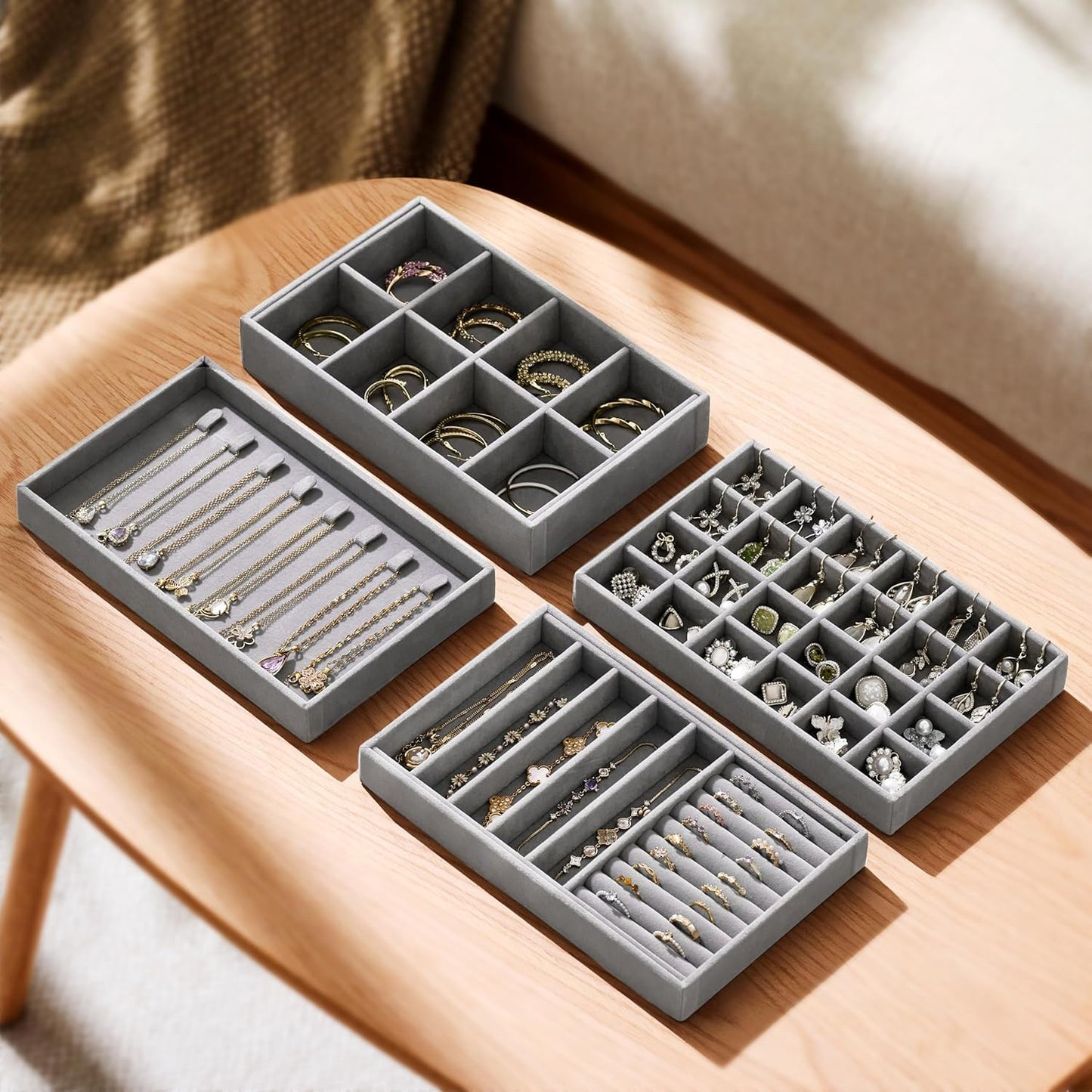 Velvet Jewelry Drawer Organizer Trays – Grey Stackable Jewelry Storage Inserts Set, 4-Layer Jewelry Tray Set for Earrings, Rings, Necklaces, Bracelets with Removable Dividers for Dresser & Vanity