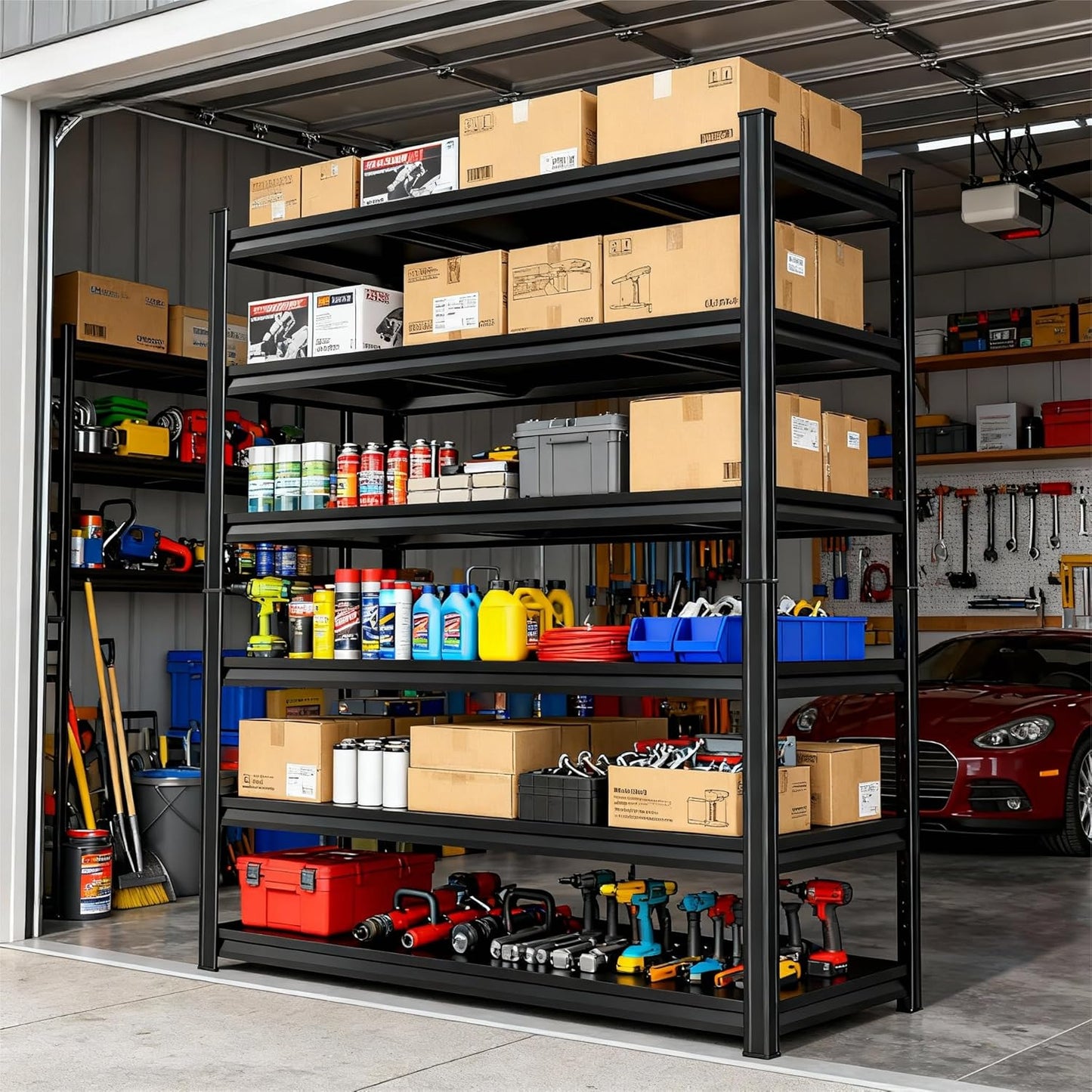 Storage Shelves, Garage Metal Shelving Unit, Adjustable, Double-Layer Column with Reinforced Ribs, Heavy-Duty, Capable of Bearing 600-3600 lbs (Black, 45''W*20''D*77''H, 6-Tier)
