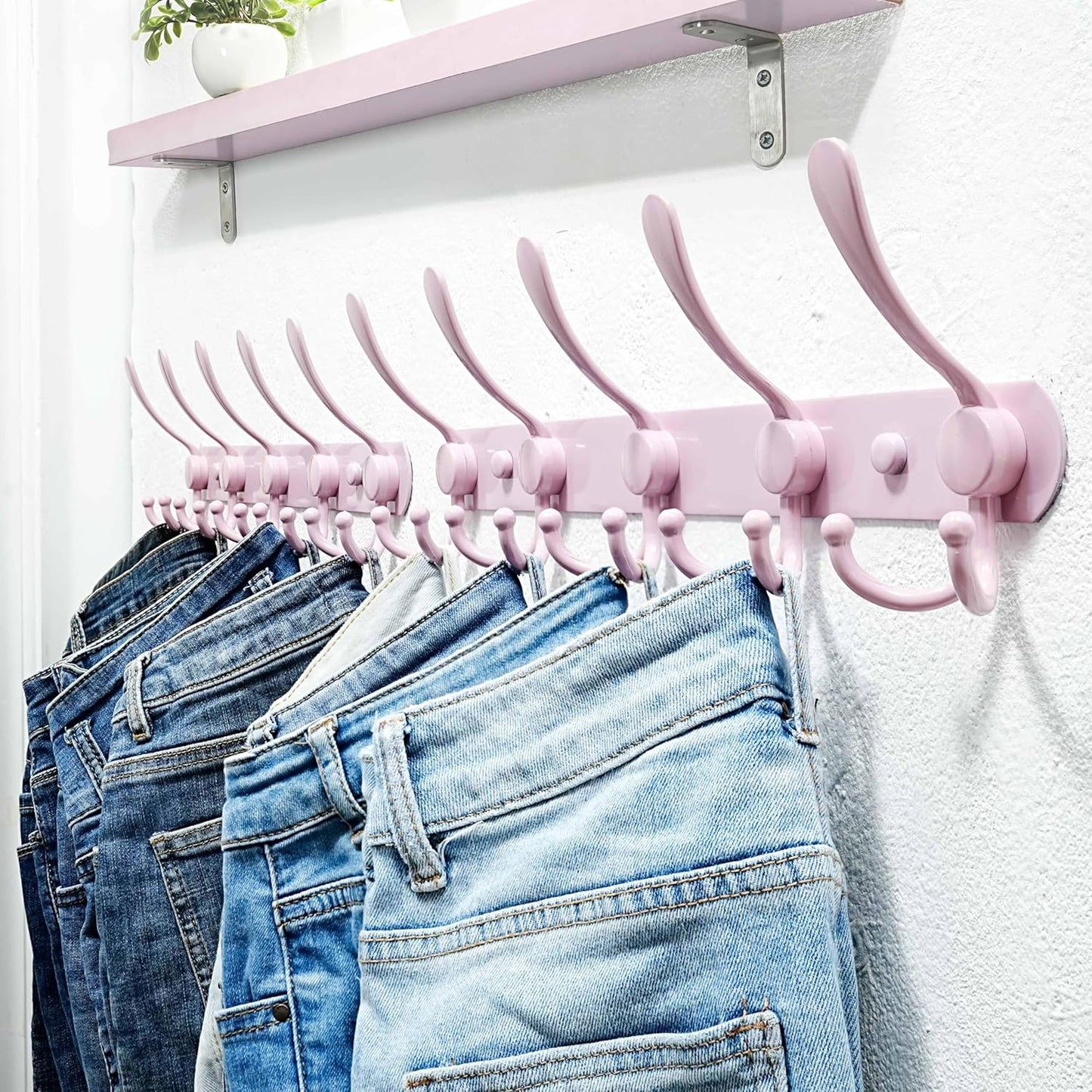 Dseap Coat Rack Wall Mounted - 5 Tri Hooks, Heavy Duty, Stainless Steel, Metal Coat Hook Rail for Coat Hat Towel Purse Robes Mudroom Bathroom Entryway (Pink, Pack of 2)