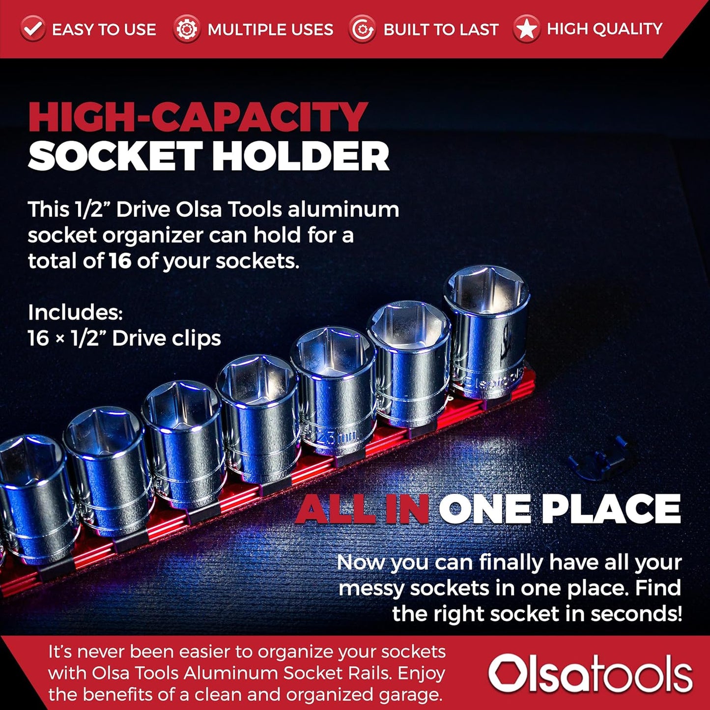 Olsa Tools 1/2-Inch Drive Aluminum Socket Organizer with Locking End Caps | Professional Quality Socket Holder (RED)