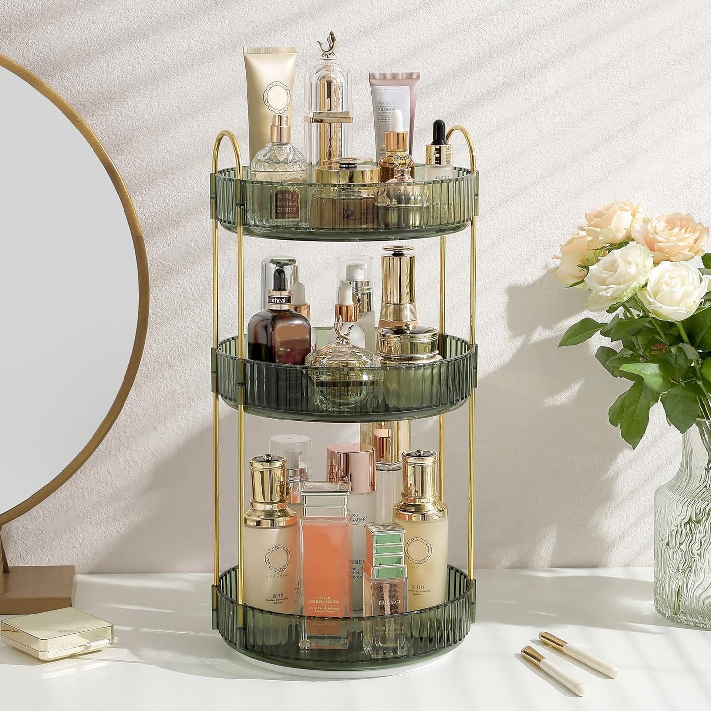 Rotating Makeup Organizer for Vanity, Perfume Skin Care Organizers Large, Bathroom Counter Make Up Cosmetic Storage, Clear Spinning Skincare Lipstick Holder,3 Tiers, Green