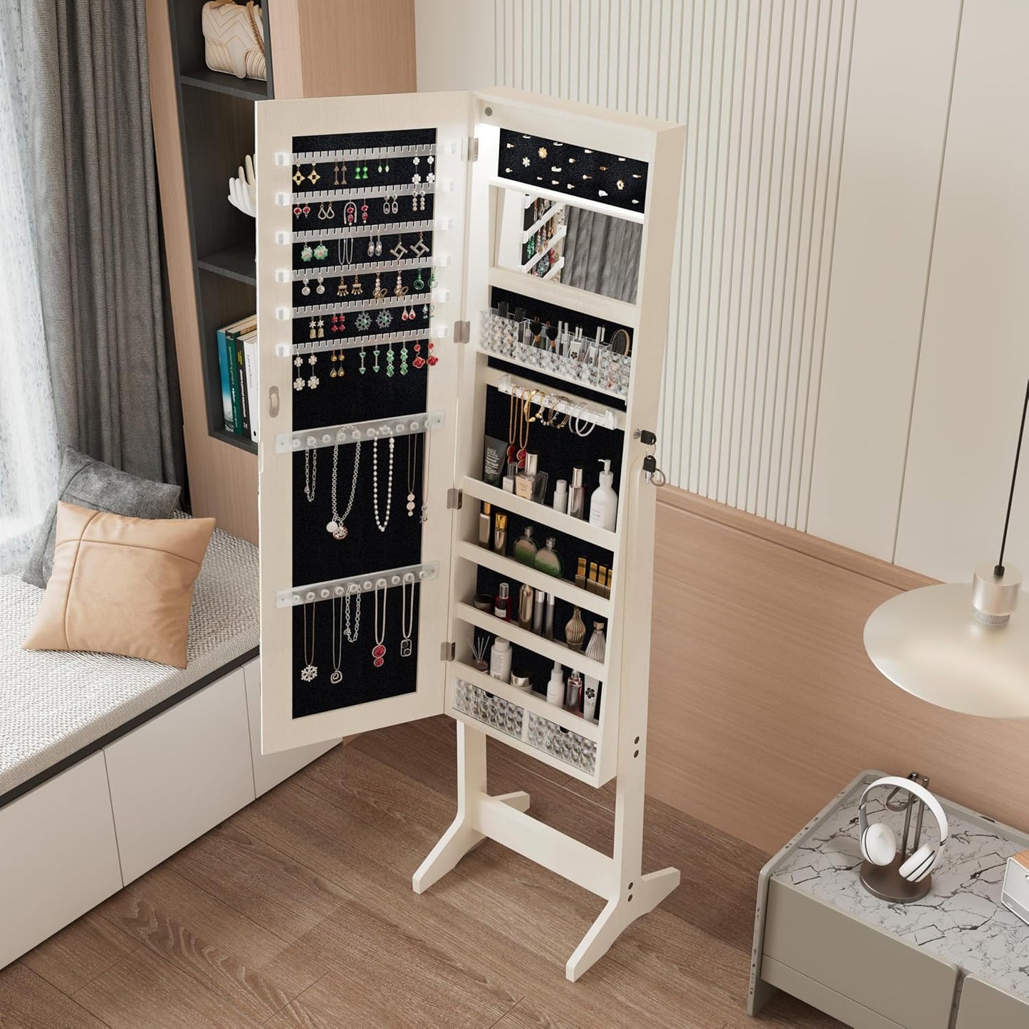 Montary Jewelry Cabinet Armoire with Full Length Mirror with stand, Freestanding Jewelry Armoire Organizer, Lockable Storage Cabinet, Interior Lighted Mirror, White