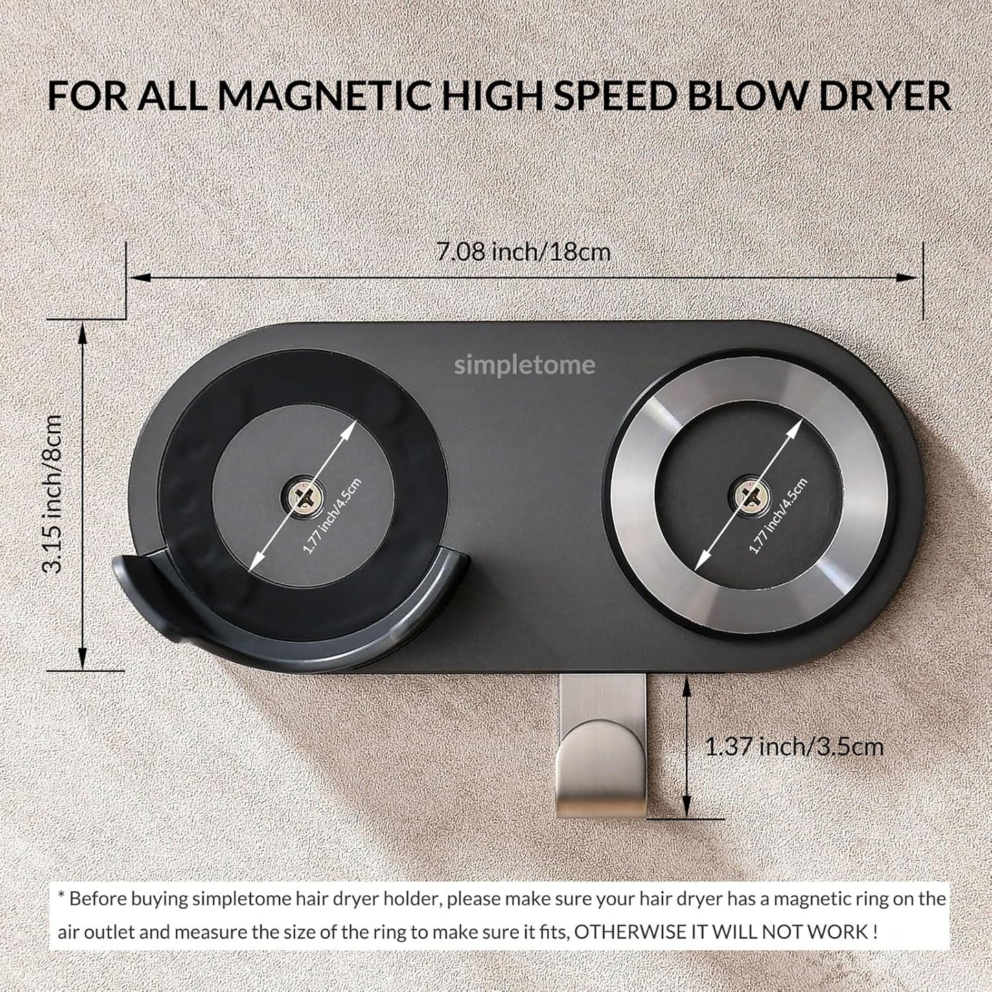 simpletome Hair Dryer Holder Wall Mount for All Magnetic High Speed Blow Dryer with Plug Cord Organizer Hook (ABS Plastic, White)