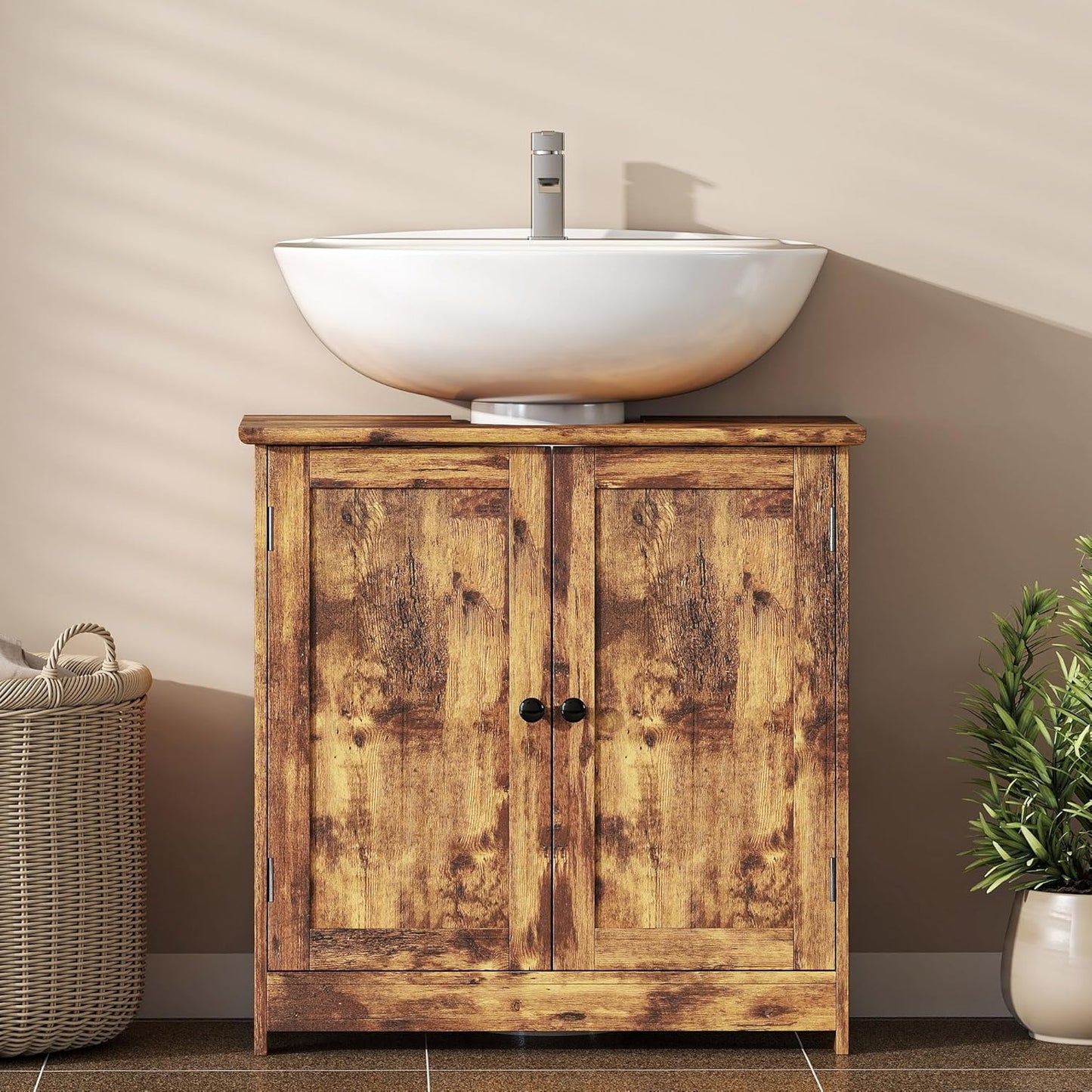 HOMCOM Under Sink Bathroom Cabinet, Pedestal Sink Storage Cabinet with 2 Doors, Shelf and U-Shape, Rustic Brown