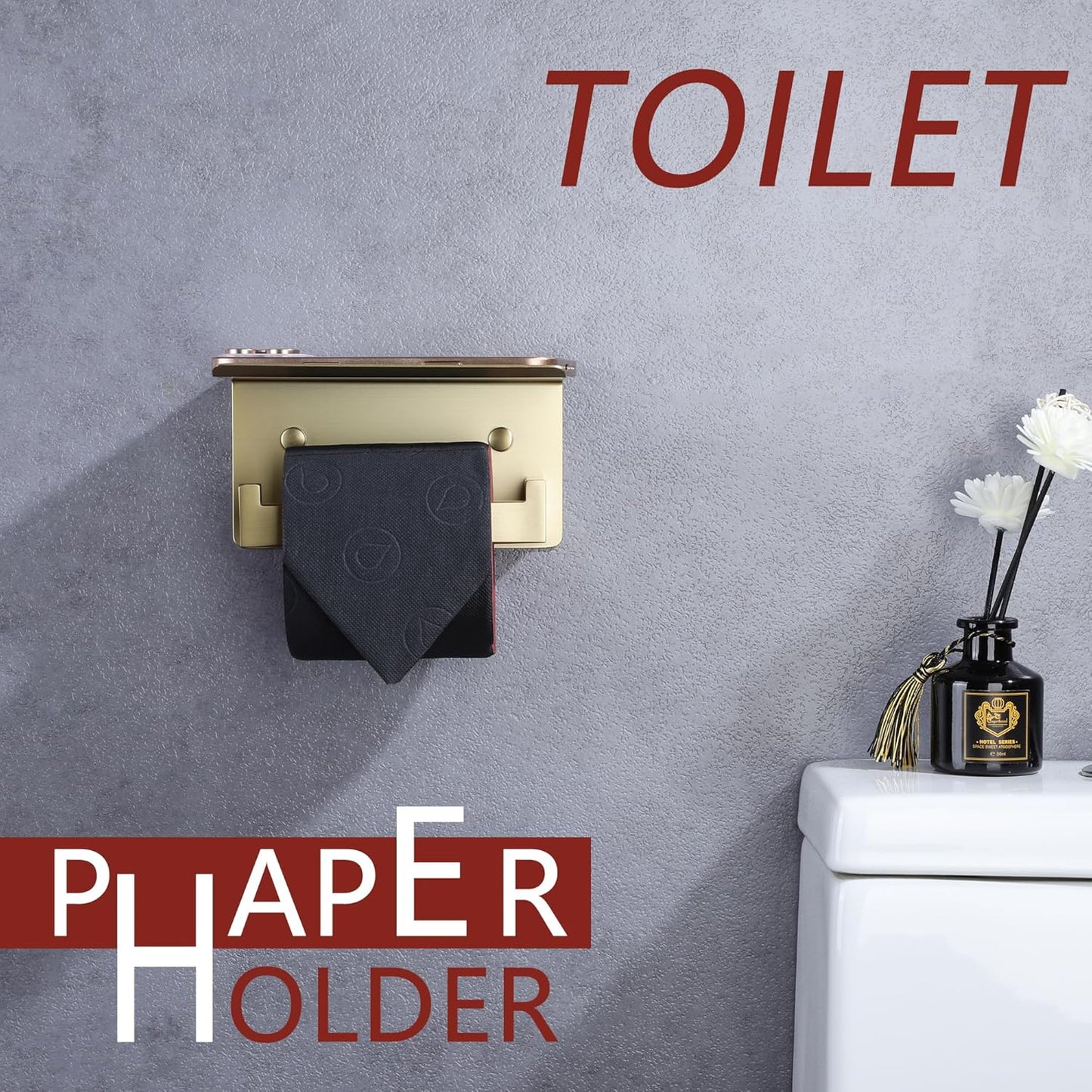 LANC Gold Toilet Paper Holder with Shelf Toilet Tissue Roll Holder with Phone Shelf for Bathroom Wall Mounted or Self-Adhesive Toilet Paper Roll Holder Stainless Steel, Left Rod, A8367BG-LF