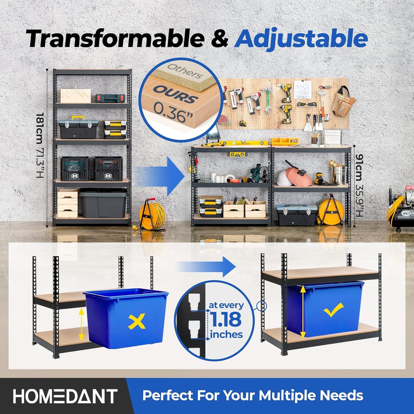 HOMEDANT 5-Tier Laminated Boltless Heavy Duty Metal Shelving Unit Adjustable Garage Storage Utility Rack Shelves Organization Multipurpose Shelf Warehouse Industrial (4, (M) 35.9" W, Black)
