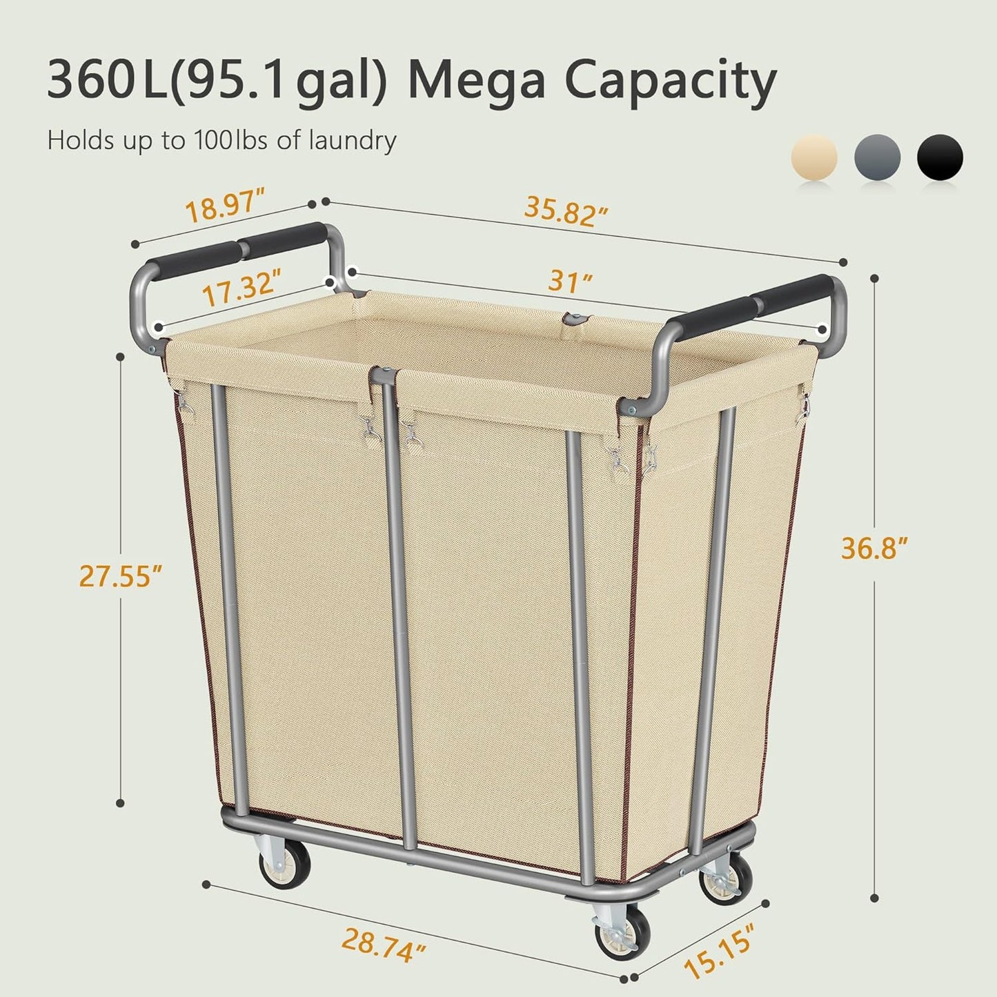 Large laundry hamper with Wheels, 2 Bag 360L Big Rolling Laundry Basket Sorter Cart, Extra Large Laundry Clothes Hamper, Heavy Duty Laundry Basket Organizer for Laundry Room,Bathroom