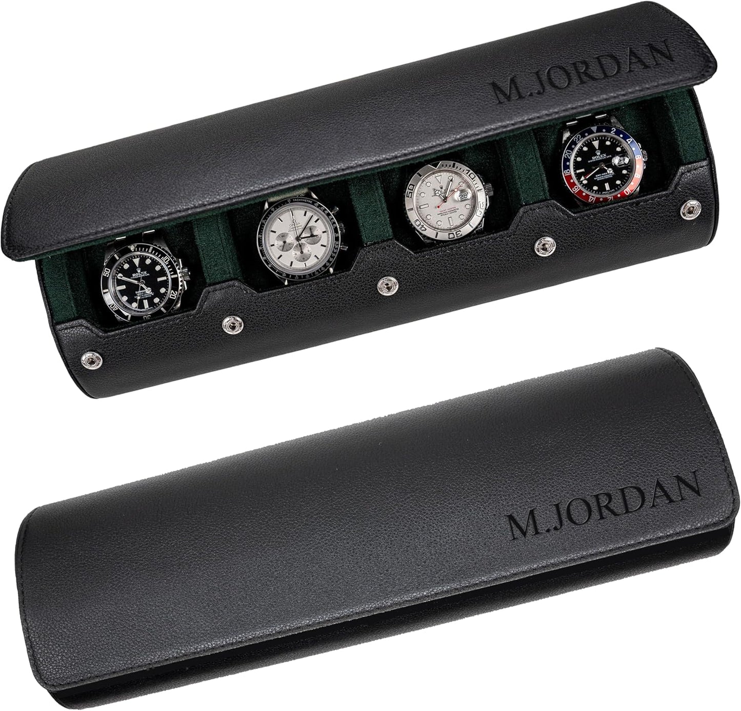 DailyWatch | Personalized Watch Roll Travel Case For 4 Watches - Handmade Genuine Leather Travel Case With Custom Engraving of Name or Initials - Black Green
