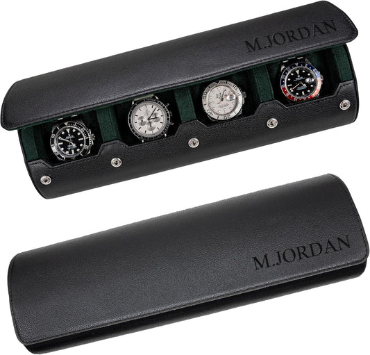DailyWatch | Personalized Watch Roll Travel Case For 4 Watches - Handmade Genuine Leather Travel Case With Custom Engraving of Name or Initials - Black Green