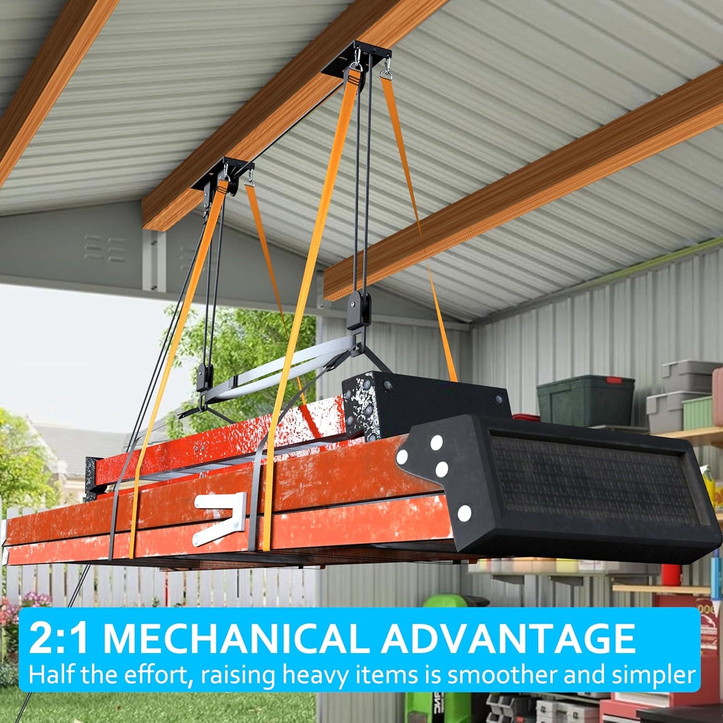 Ceiling Ladder Hoist, Heavy Duty Pulley System for Garage Storage, Ladder Hanger Hold Up to 150 lbs Capacity for Kayak, Cargo Box, Canoe, Bike Lift, Fit 10-18 Foot Ceilings, Black