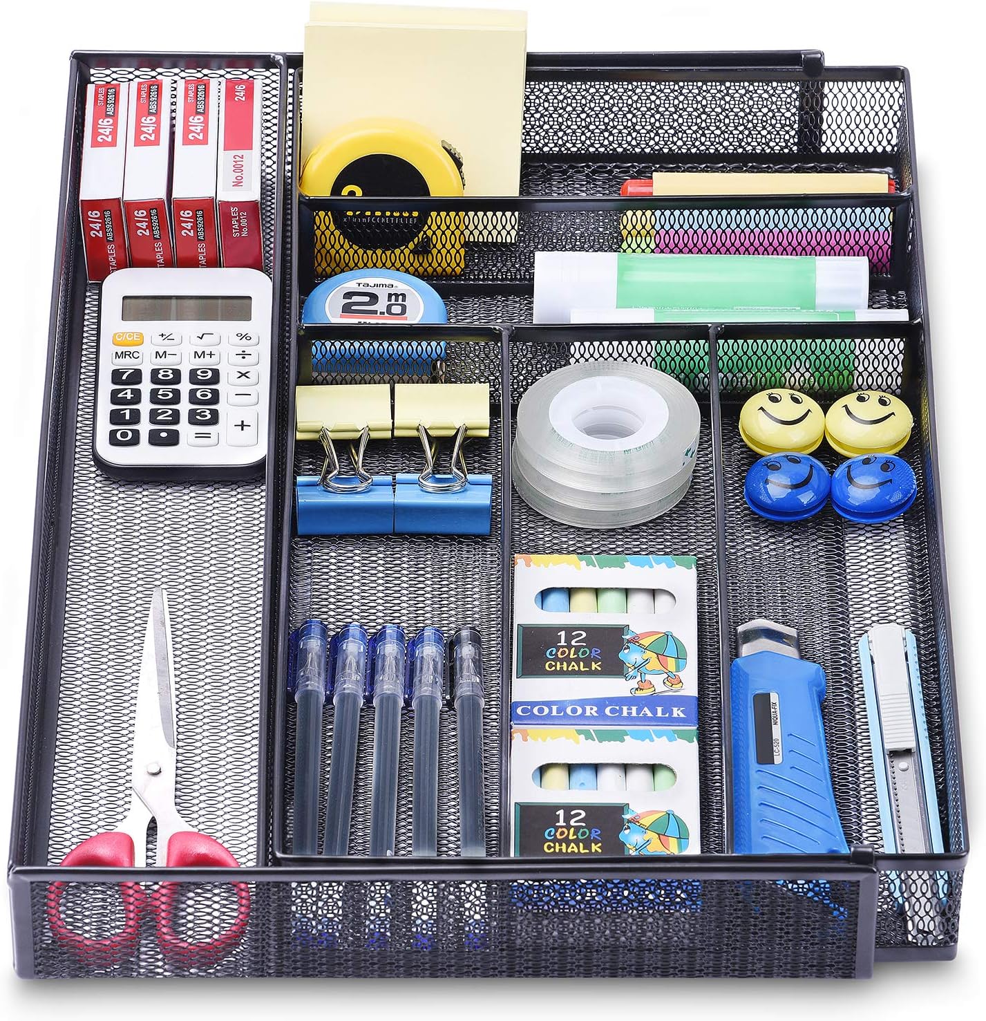 WuGeShop Expandable Office Desk Organizer, 7 compartments Mesh Desk Drawer Organizer Desk Organizer tray, Metal Office Supplies Accessories Storage, Black
