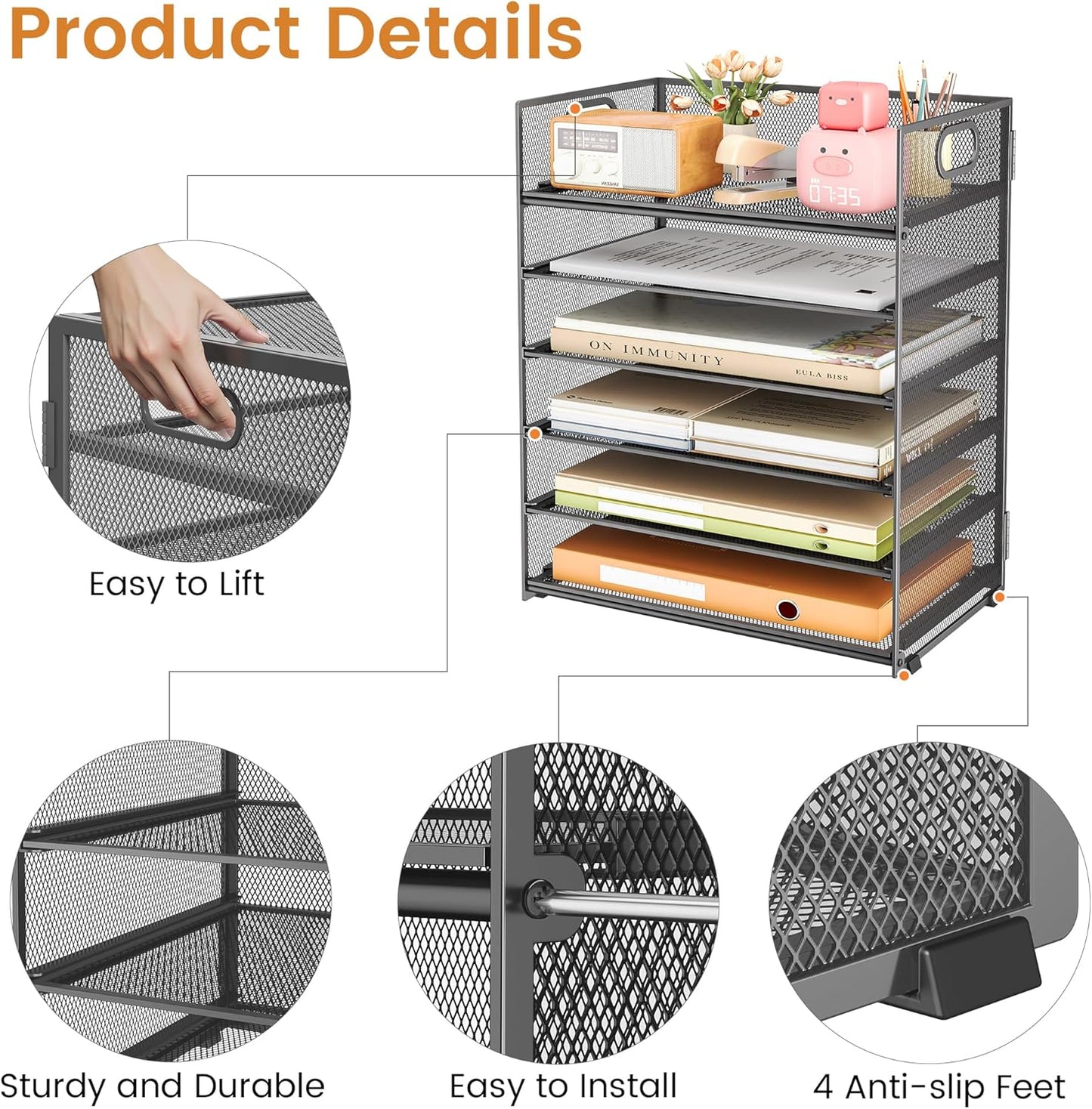 Subekyu 6 Tier Paper Organizer for Desk with Handle, Metal Mesh Desk Office File Folder Paper Letter Tray Accessories Organizer Sorter for Home, School, Office Desktop Document Organization - Gray