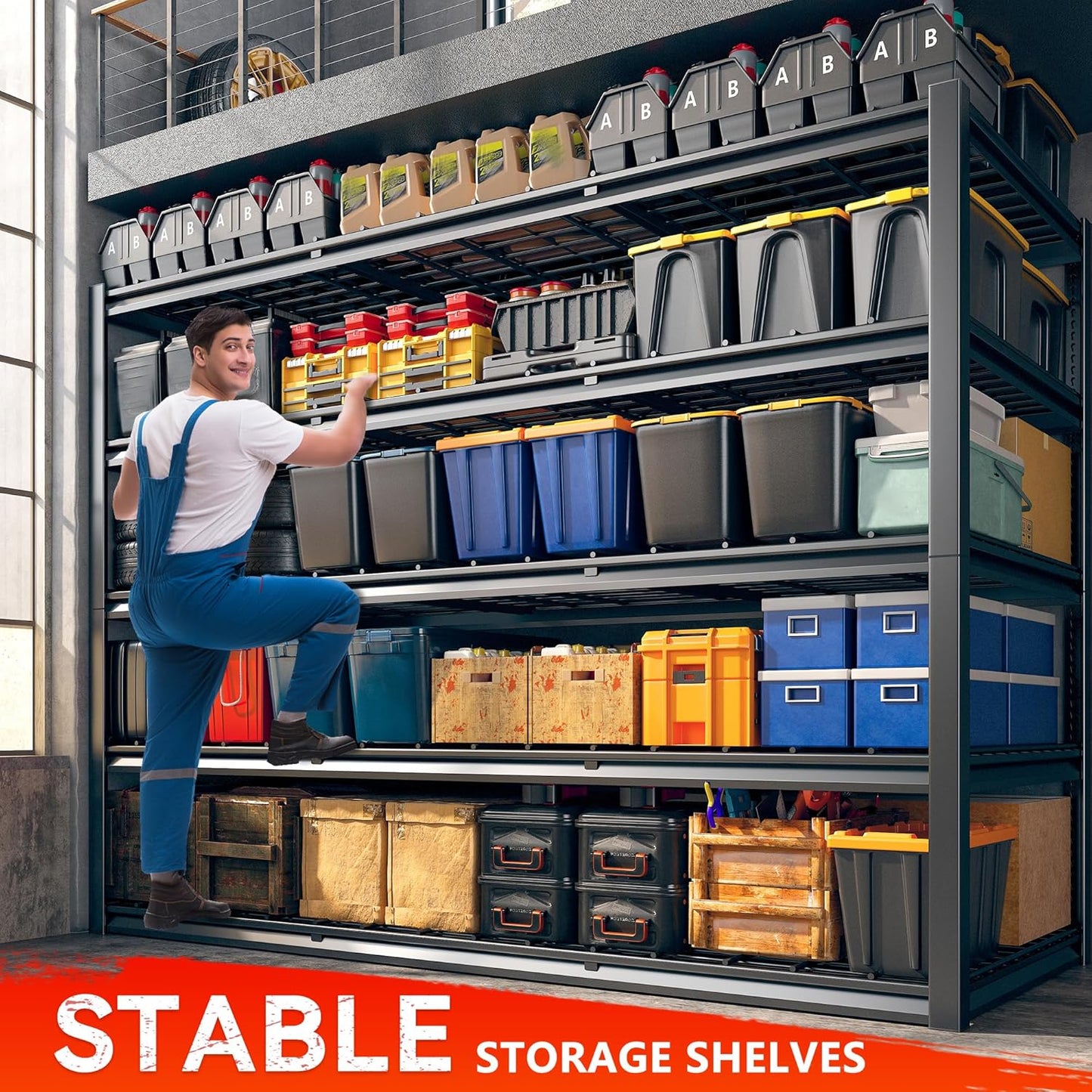 REIBII 60" W Garage Shelving Heavy Duty Metal Shelving 3000LBS Storage Shelves Adjustable Metal Shelves for Industrial 5 Tier Garage Shelves for Basement Pantry Warehouse 60" W x 24" D x 72" H 2 Pack