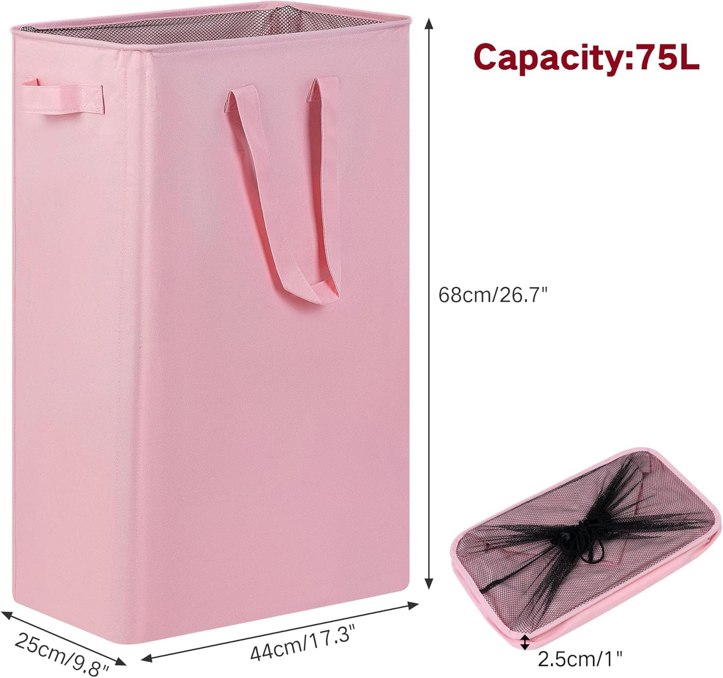 efluky Slim Laundry Basket, Narrow Laundry Hamper with Handles, Collapsible Dirty Clothes Hamper, Tall Laundry Bin for Laundry Room, Dorm and Bedroom, 19.8 Gallon (75L) Pink