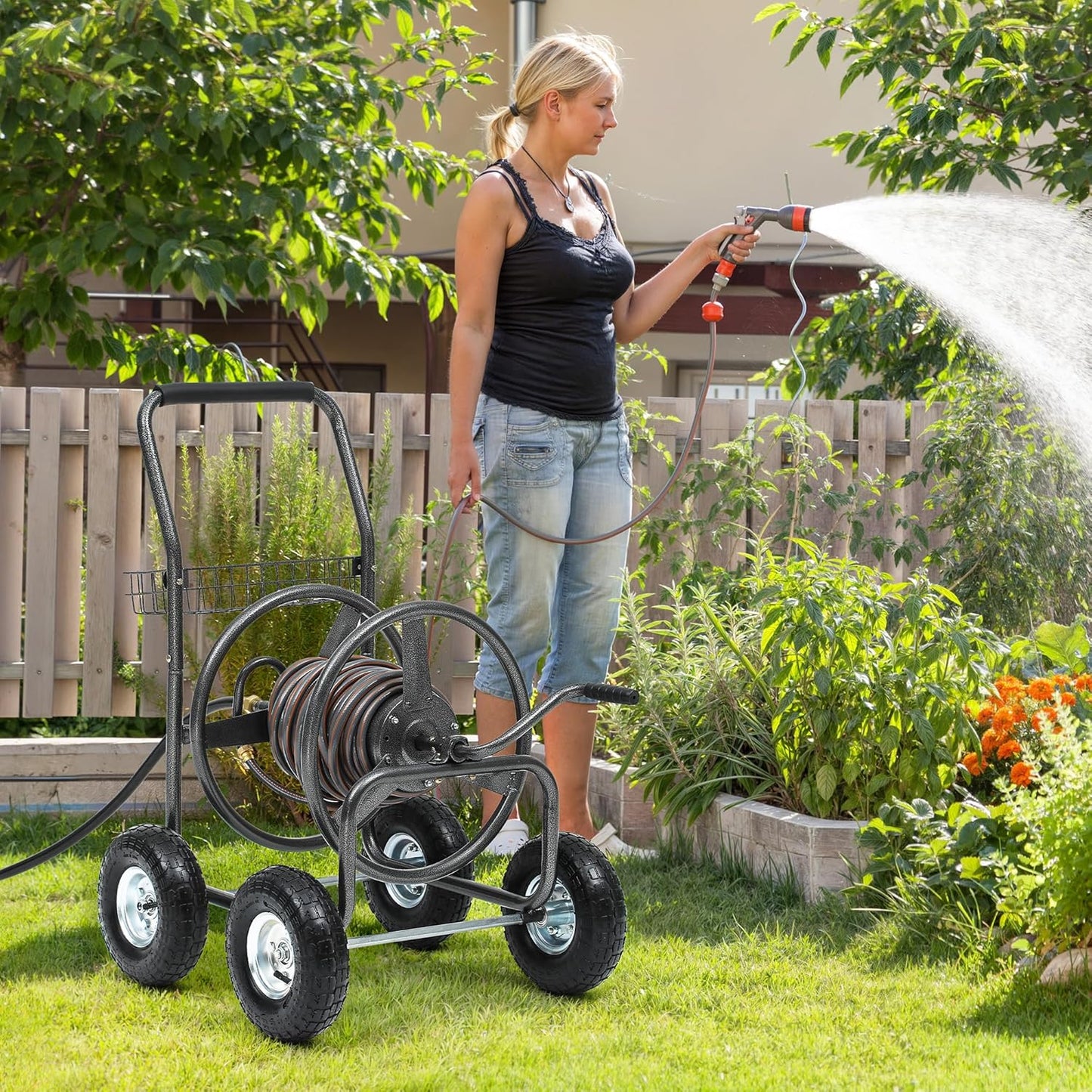 Garden Water Hose Reel Cart - 250 ft. Capacity, 10" Pneumatic Tires, Powder-Coated Steel Frame for Tangle-Free Garden Hose Storage