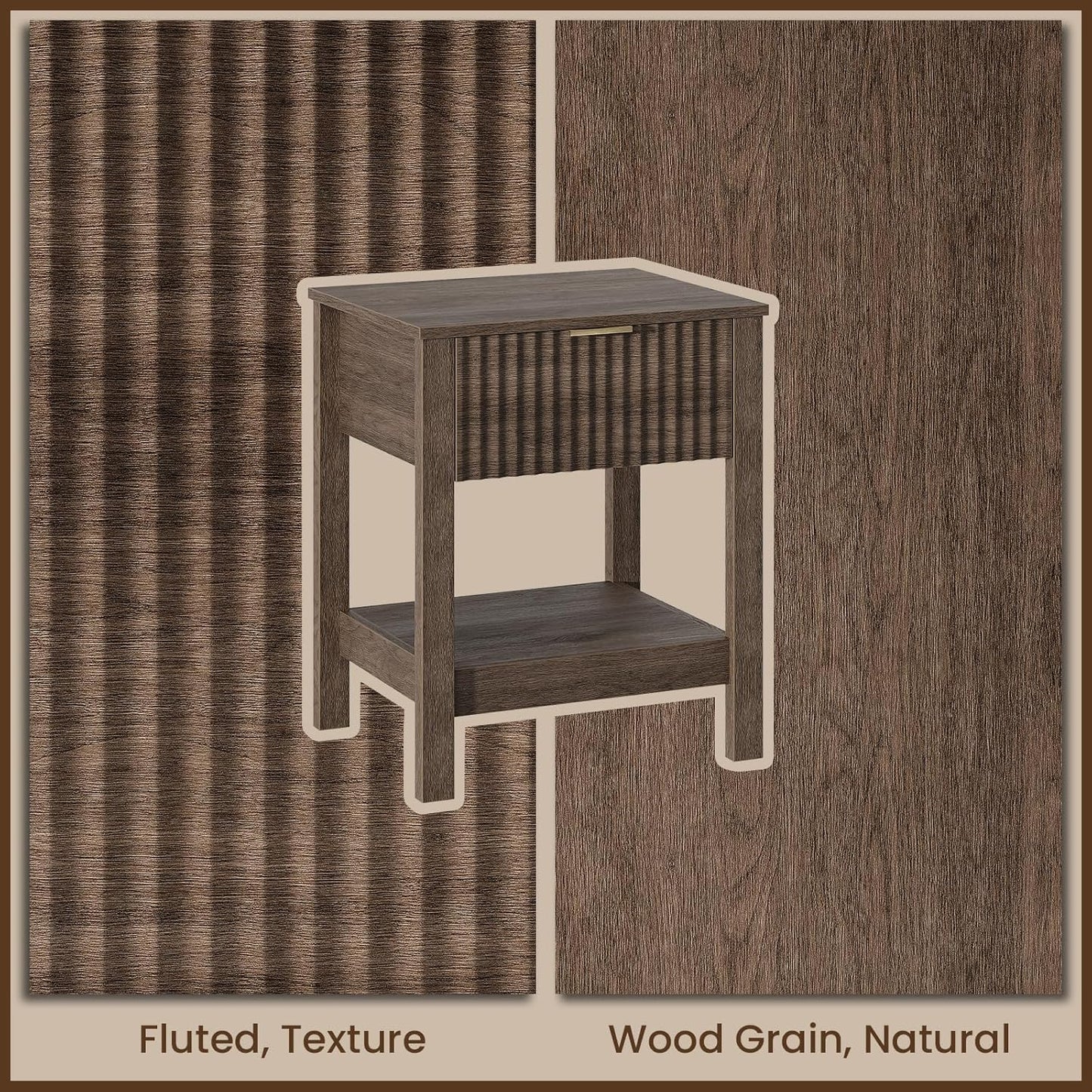 Fluted Night Stand with Golden Handle,Mid-Century Nightstands with Drawer,Modern Bedside Table with Storage Shelf,Large End Tables for Livingroom,Bed Side Tables for Bedroom,Walnut
