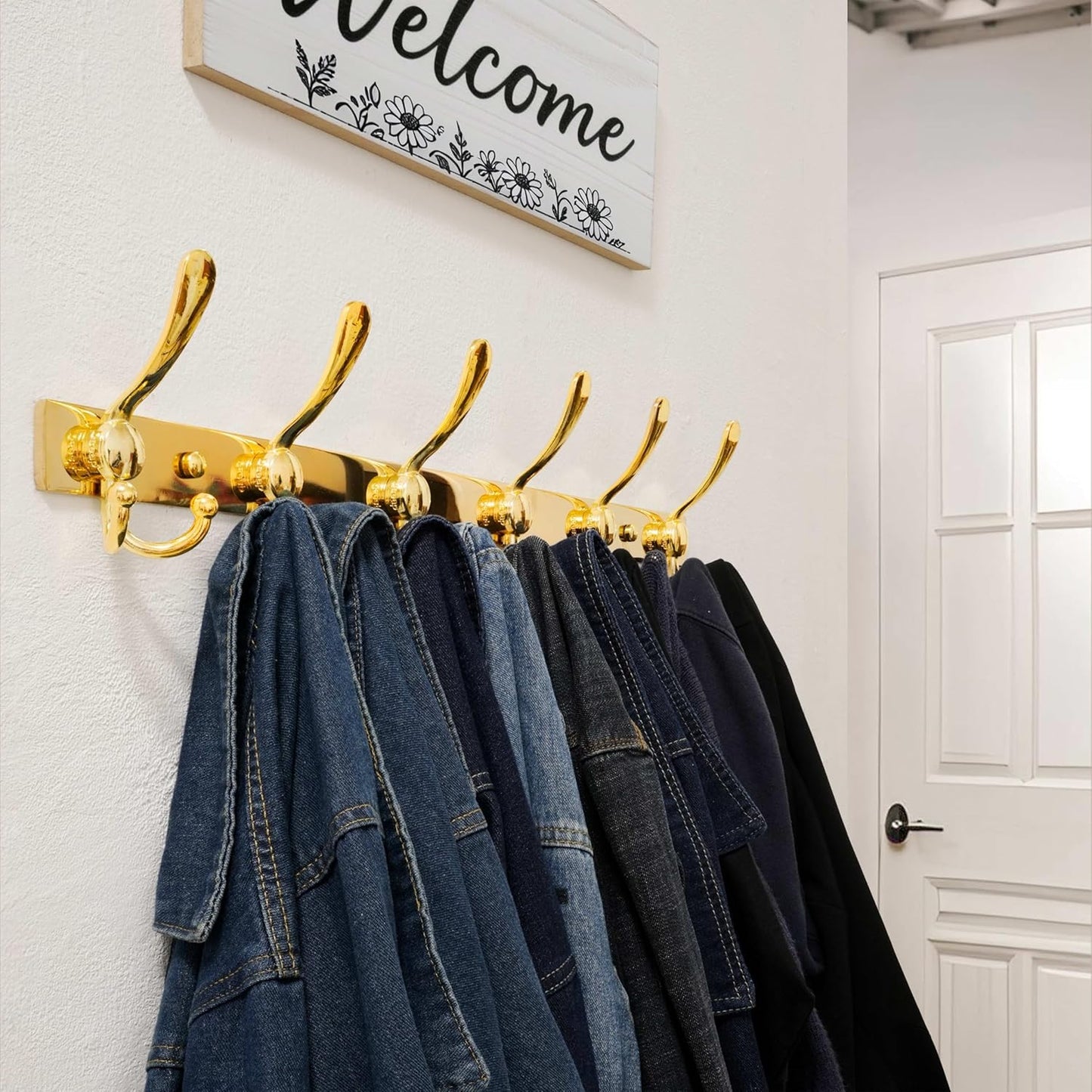 Dseap Coat Rack Wall Mount 2.0 Pro: 24” Long, 3X Tougher, Heavy Duty Stainless Steel Wall Coat Hanger with 6 Tri Hooks for Clothes Jackets Hats Entryway Closet, Gold