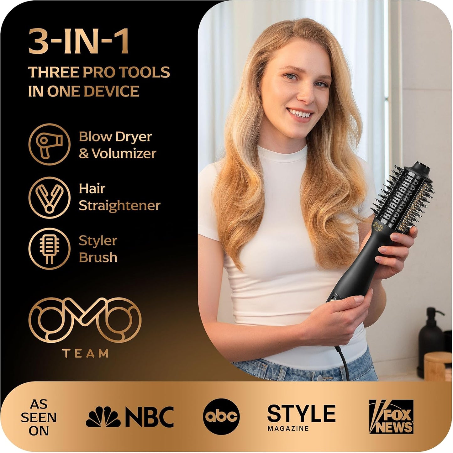 Blowout Brush Hair Dryer, 4-in-1 Blow Drying Brush, Authomatic Dual Voltage, Ionic Hair Straightener w/No Heat Damage, Light 1.3 lb Blowout Tool, Blow Dryer Curling Wand, Hot Air Styler for All Types