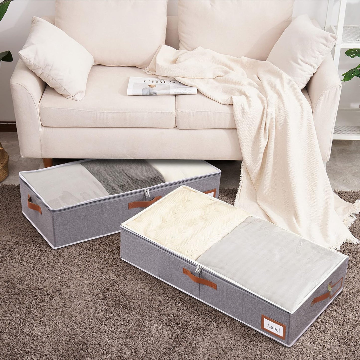 Yawinhe Under Bed Storage Containers, 2 Pack, Bin with Lids, Collapsible Closet Organizers, with Sorting Card Slot and 4 Leather Handles, for Blanket, Bedding, 31.5''Lx15.7''Wx6''H, Grey