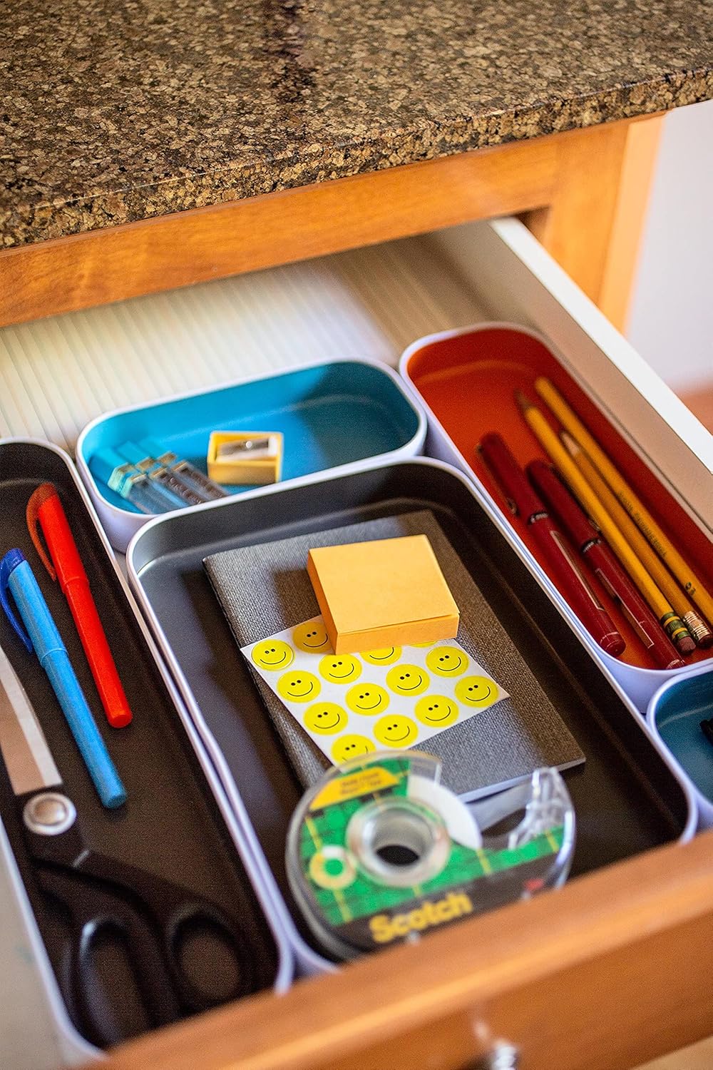 Three by Three Seattle 5 Piece Metal Organizer Tray Set for Storing Makeup, Stationery, Utensils, and More in Office Desk, Kitchen and Bathroom Drawers (1 Inch, Gray, Sky Blue, Orange)