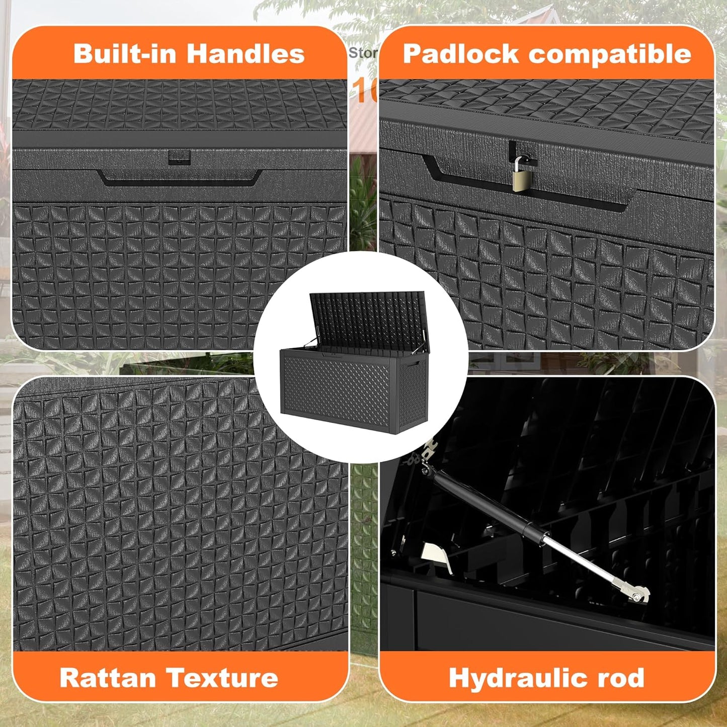 110 Gallon Resin Deck Box, Lockable Patio Outdoor Storage Box for Furniture, Garden Tools and Tools Storage, Waterproof Outside Storage Boxes - Patterned black