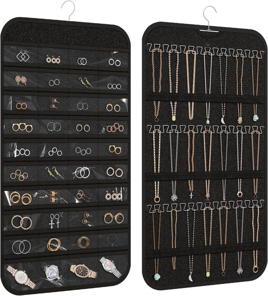 Hanging Jewelry Organizer Storage, 40 Pockets 36 Hooks Necklace Earring Necklace Bracelet Ring Organizer, Double - Sided Design, Black