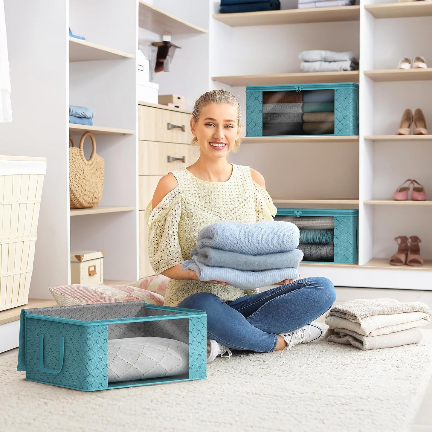 Sorbus Medium Clothes Storage Bags - Foldable Blanket Storage Bins for Organizing Bedroom, Closet, Clothing, Comforter, Organization with Clear Window, Lids and Carry Handles - Set of 3