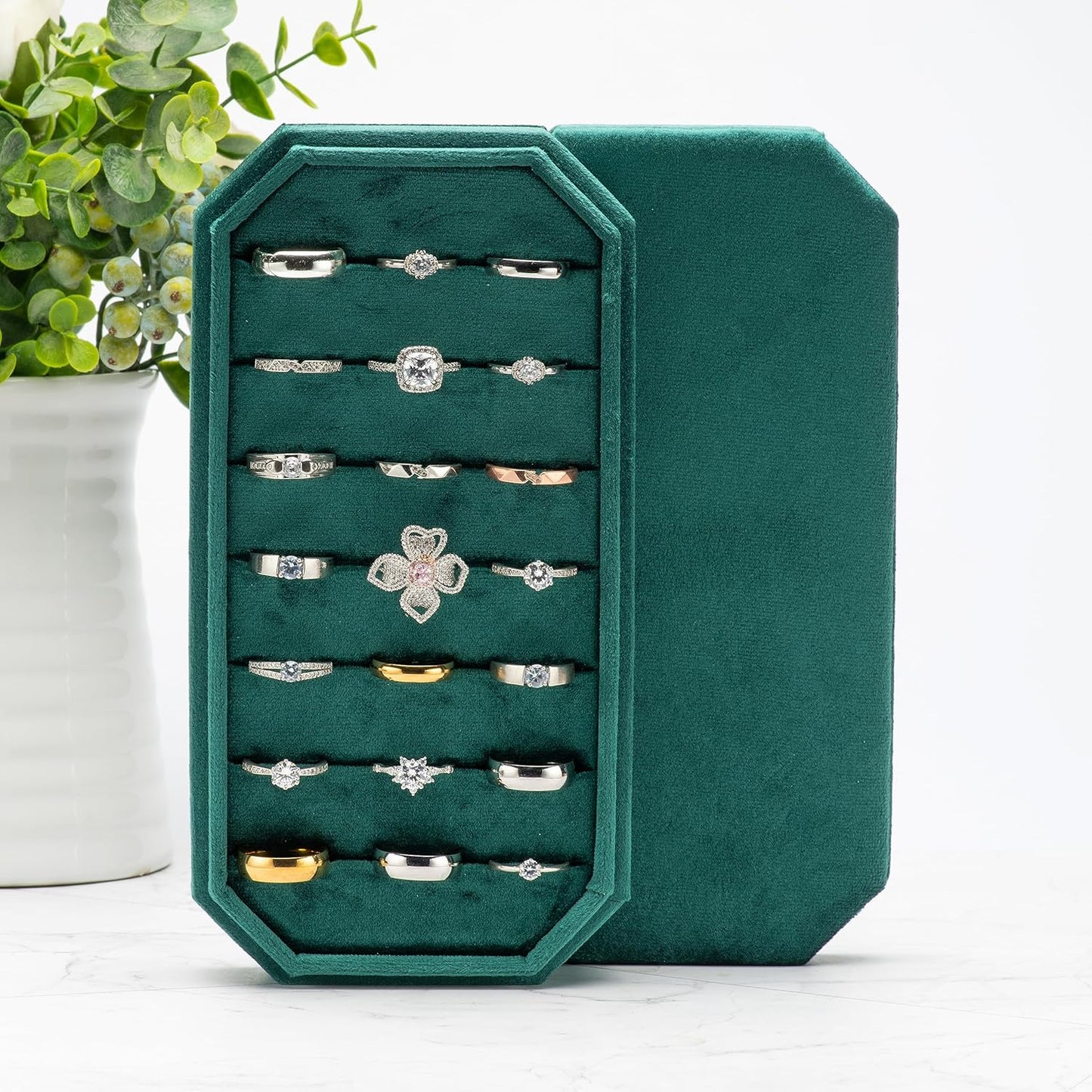 Velvet Ring Organizer Display Tray Jewelry Box Earring Holder Case for Wedding Birthday Christmas Day (Green)