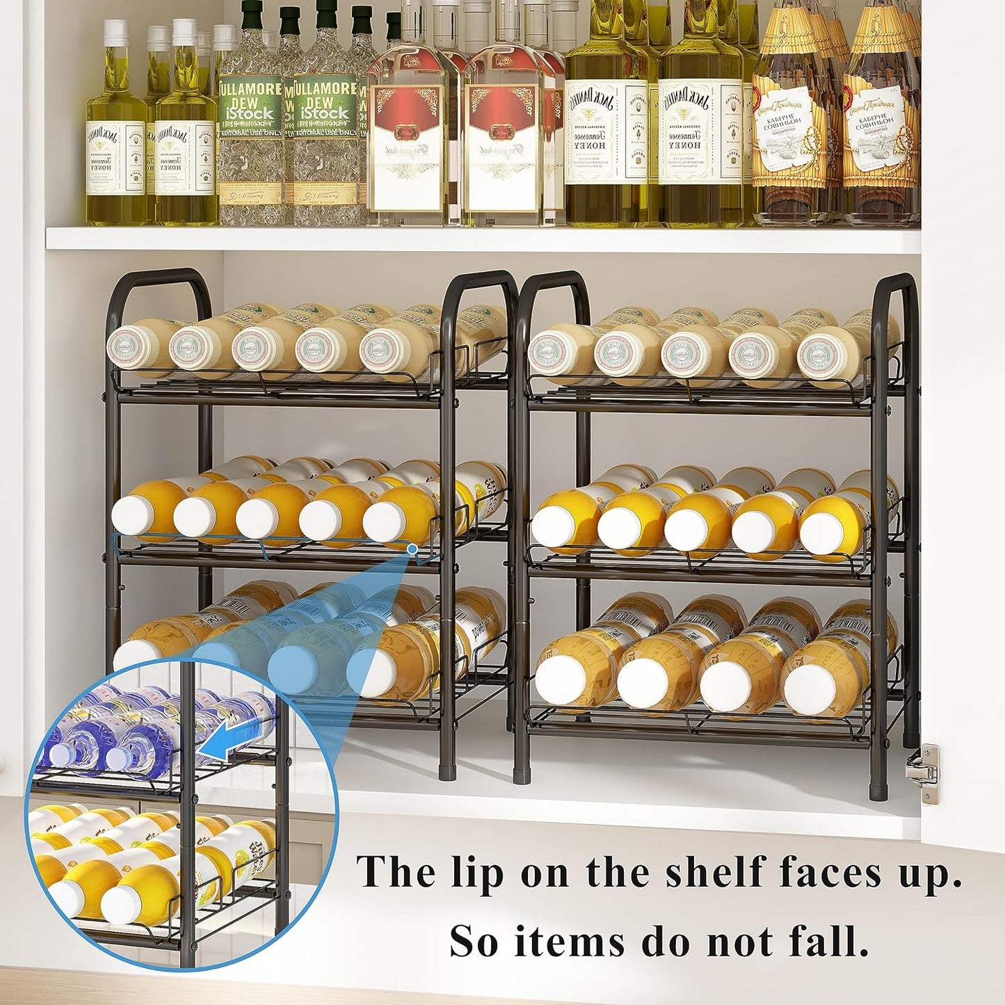 GILLAS 3 5 6 7 8 Tier Water Bottle Storage, Metal Beverage Can Rack,Large Capacity Bottled Rack Water Bottle Holder Stand for Cabinet, Countertop Kitchen, Party, Black