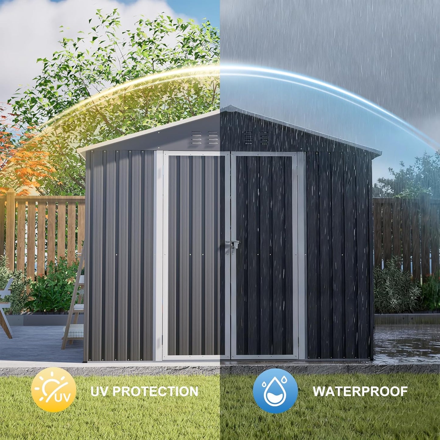 8 x 12 FT Outdoor Storage Shed with Floor, Metal Garden Shed with 2 Windows and Lockable Door for Garden, Tool Sheds for Backyard