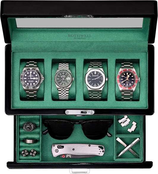 ROTHWELL 4-Slot Piano Black Watch Box with Valet Drawer - Premium Jewelry Display Case Organizer with Locking Glass Top and Microsuede Liner for Men & Women (Green Interior)