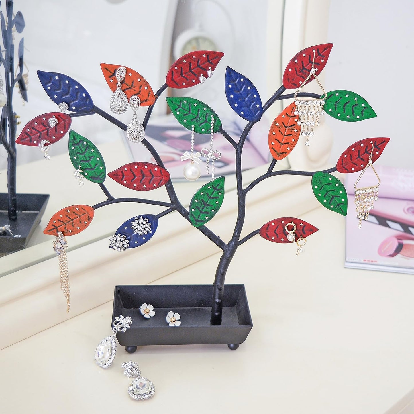 MyGift Jewelry Tree w/Bird Nest 48 pair Earrings Holder, Bracelets/Necklace Organizer Stand (Multicolored Metal)