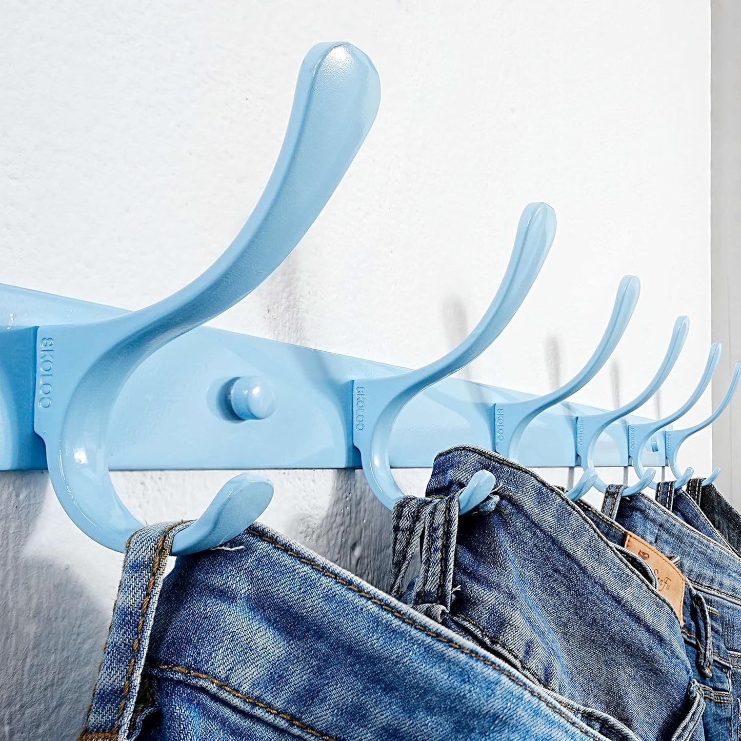 SKOLOO Heavy Duty Wall Mounted Coat Rack - 6 Hooks, Stainless Steel, Pack of 2, Sturdy Coat Hooks for Hanging Clothes, Jacket, Hat, Blue