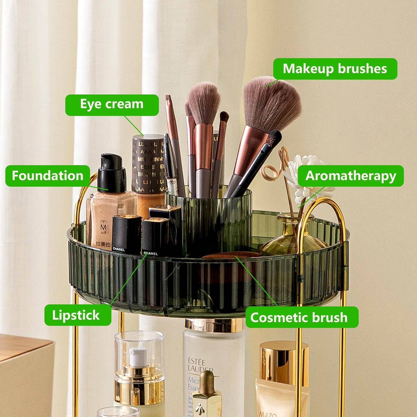 YCIA&DONE Rotating Makeup Organizer for Vanity, Large Capacity Make Up Storage Skin Care Shelf Perfume Holders Cosmetic Dresser Organizer Countertop Spinning 360 (Vintage Green, 3Tiers)