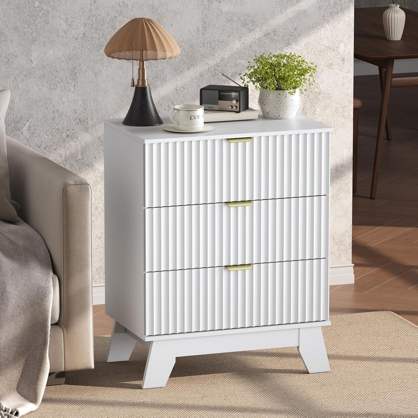 Night Stand Set 2, Bedside Table & End Table, Mid Century Modern Fluted Wood Nightstand with 3 Drawers & Metal Handles, Farmhouse Nightstand for Bedroom, White